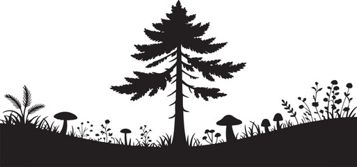  Black and white illustration of a tree surrounded by mushrooms and plants