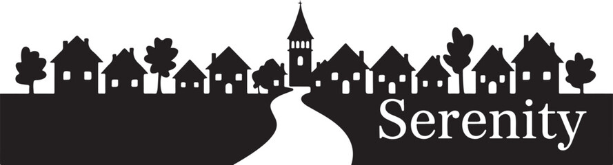 Obraz premium Black and white village silhouette with the word 