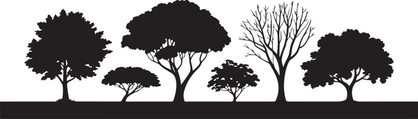 Black and white illustration of various tree silhouettes in different shapes and sizes