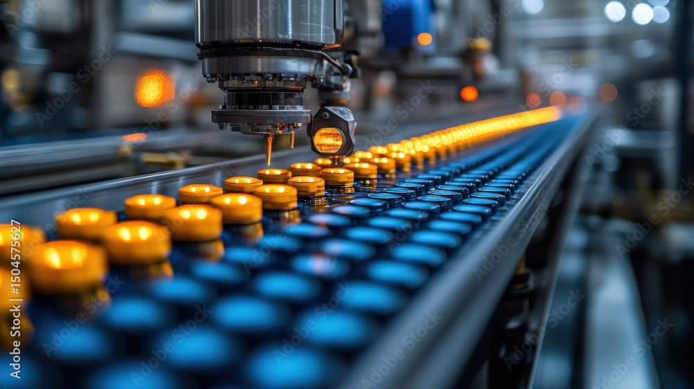 Aufkleber automated bottling line in a factory with vibrant colored caps and production in motion