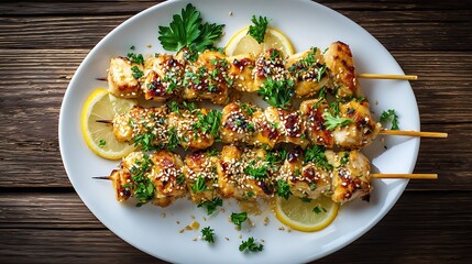 Overhead view of grilled chicken skewers with lemon wedges, fresh parsley, and sesame seeds on a glossy white plate, wood background.