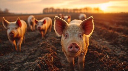 Pigs roaming in a muddy farm field at sunset, rustic scenery with warm earthy tones and peaceful rural atmosphere.
