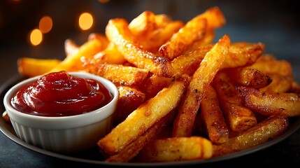 Pile of fried potatoes with glossy ketchup in a ramekin, lit with warm tones and placed on a dark textured background.