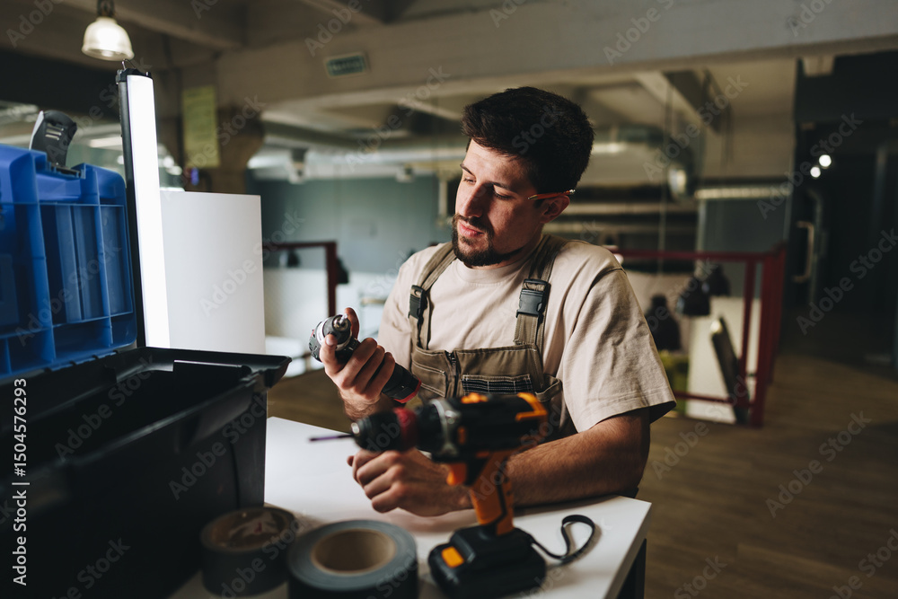 Poster skilled worker preparing to use tools in a modern workspace during daytime