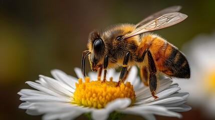 Realistic macro photography of a honey bee touching down on a daisy, showing intricate leg and eye detail.