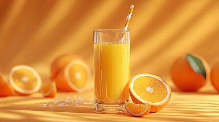 Realistic orange juice glass with striped straw, bright summer lighting, citrus slices, vibrant and healthy atmosphere.