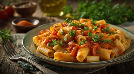 Rich and colorful pasta on ceramic plate, loaded with tomato sauce and red bell peppers, green parsley garnish, wooden table and fork.