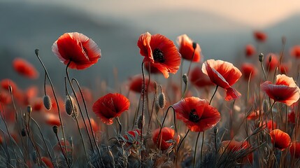Romantic field of poppies glowing in soft morning light, hazy air and gentle motion in grass and flowers blending into a scenic countryside.