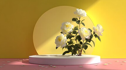 Round white podium highlighted by vibrant yellow roses and soft pink backdrop, graceful and minimal in aesthetic.