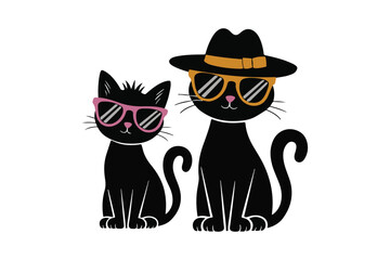 Cool Black Cats in Sunglasses and Hat Cute Cartoon Feline Duo Illustration