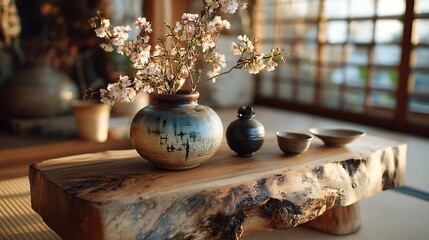 Rustic wooden stump table with handmade ceramics and blooming flowers in a vase, serene Japanese-inspired room with natural lighting.