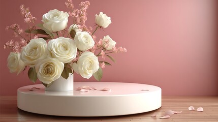 Soft-focus pink background with round white podium and yellow roses arranged minimally for a refined look.