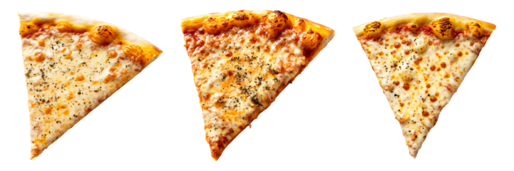 Collection set of slices of cheesy Italian pizza isolated on transparent background