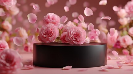 Studio product render with a minimalistic black pedestal surrounded by vibrant pink rose arrangements and rose petals floating in the air, warm pink backdrop.