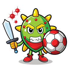 Obraz premium Cartoon virus character armed with sword and shield defending against viral attacks