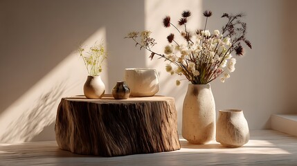 Tree stump table set against light wooden floor, ceramic vessels and fresh flowers in vase, minimalist design with natural ambient light.