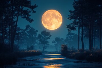 Serene moonlit night over calm water in forest landscape ethereal nature scene tranquil environment