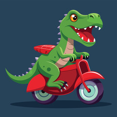 Cheerful cartoon dinosaur riding a red scooter ready for adventure travel and exploration