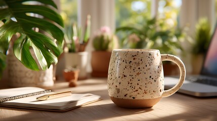 Warmly lit workspace with a detailed speckled ceramic mug, open notebook, laptop, and leafy plants softly blurred behind.