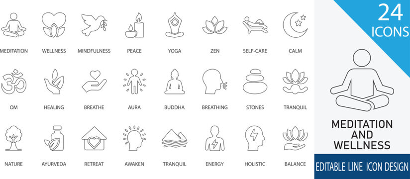 A serene and minimalist line icon collection representing meditation, wellness, and holistic practices. Includes symbols like yoga poses, lotus,  om, Buddha, breathing, and nature. 