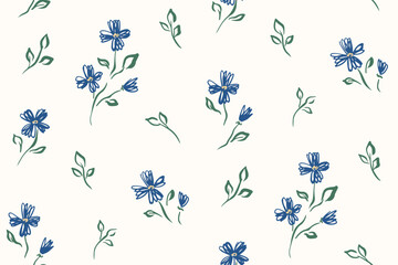 Seamless floral pattern, abstract ditsy print with simple sketch plants. Elegant botanical design in minimalist style, small hand drawn flowers, tiny leaves on white background. Vector illustration.
