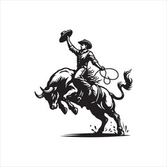 Naklejka premium Bull Rodeo Showdown – Cowboy Riding a Bucking Bull in Action