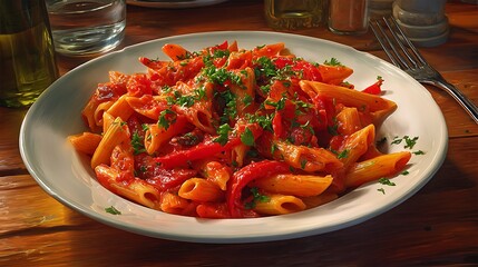 Warm-toned pasta plate filled with tomato sauce, red bell pepper strips, parsley topping, wooden dining table and fork visible.