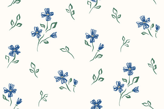 Seamless floral pattern, abstract ditsy print with simple sketch plants. Elegant botanical design in minimalist style, small hand drawn flowers, tiny leaves on white background. Vector illustration.