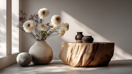 Wooden stump acting as low table with ceramics and vase of fresh flowers, minimal natural decor with soft shadowing and depth.