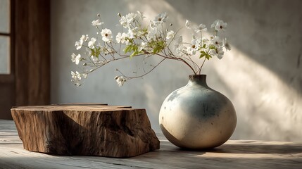 Wooden table made from a tree stump with minimalist ceramic vase holding delicate flowers, soft natural light filtering in, Japanese style interior.