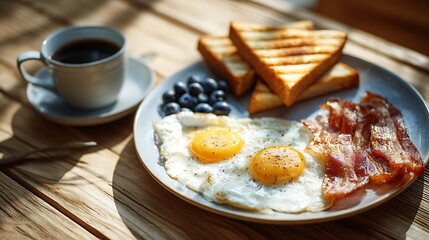 Wooden table setup with classic breakfast of fried eggs, toast triangles, grilled bacon, blueberries, and hot coffee in soft natural lighting.