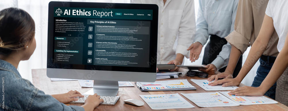 Poster ai ethics responsibility standard law and rules on computer screen provide report of ai ethic transp
