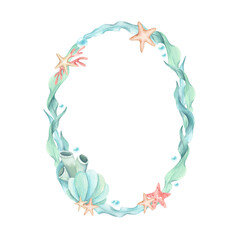 Frame algae, seaweed, starfish, seashell, sea sponges, underwater bubbles. Watercolor illustration mint turquoise coral colors isolated from background. Oval wreath, template in sea theme kids design