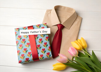craft paper shirt and red tie with tulips. gift for father's day 