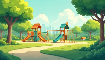 Green themed aesthetic minimalist playground concept illustration. Playground with slides, swings, green grass, trees and sky. Park with city background. Summer time, kids playing, happy childhood.