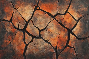 Cracked earth surface with warm orange and brown tones, marked by deep black fissures suggesting dryness and a parched landscape.