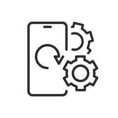 update software icon, mobile software with gears, development phone system, vector illustration