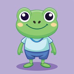 Obraz premium Cute cartoon illustration of a friendly green frog character wearing clothing on purple background