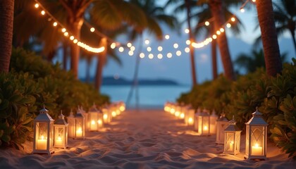 Romantic beach wedding setup lit string lights lanterns. Sandy path leads to ocean during evening. Palm trees decorate scenery with intimate atmosphere, calmness, romance. Tropical destination