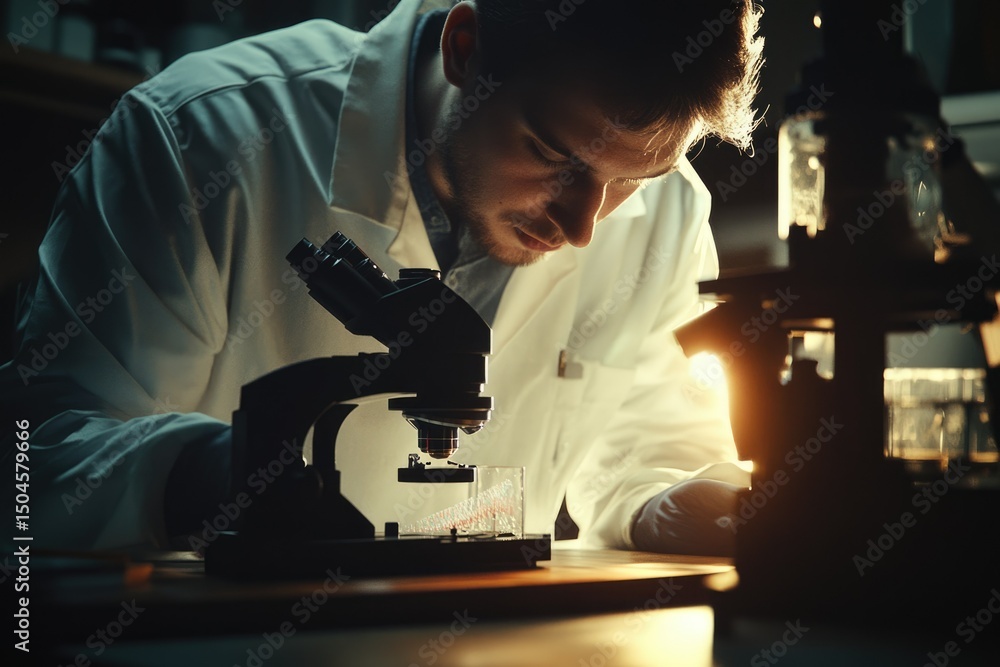 Poster a scientist meticulously examines samples under a microscope in a dimly lit laboratory.