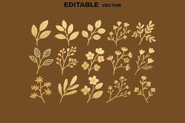Elegant Golden Floral Vector Set on Brown Background for Design Projects