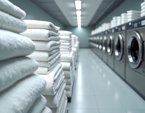 Industrial laundry room with stacks of fresh white towels and linens. Modern washing machines and dryers are lined up in clean environment. Hospitality and service industries. Efficiency cleanliness.