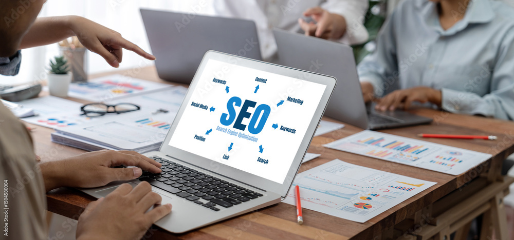 Fototapete seo search engine optimization for brisk e-commerce and online retail business showing on computer s