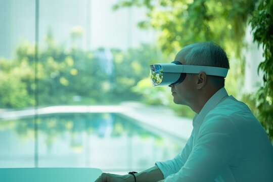 An older man wearing a VR headset, experiencing immersive virtual reality near a pool and lush greenery.
