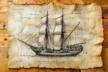 Historic ship blueprint illustration nautical design vintage drawing maritime art aged paper artistic perspective