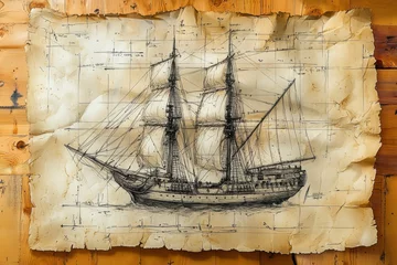 Papier peint photo intissé Historic ship blueprint illustration nautical design vintage drawing maritime art aged paper artistic perspective