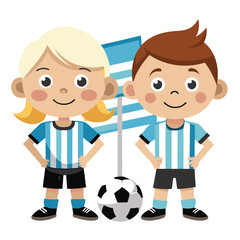 Smiling cartoon soccer players with a soccer ball and a flag in a cute illustration
