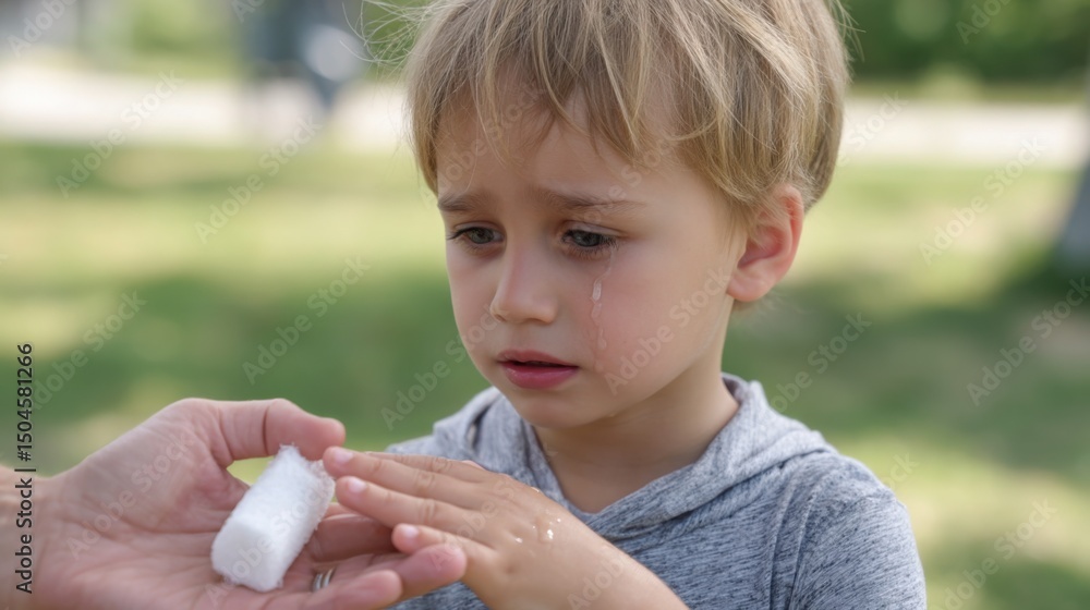 Poster a close-up of a child showing a swollen finger after a bee sting, visible tearful expression and adu