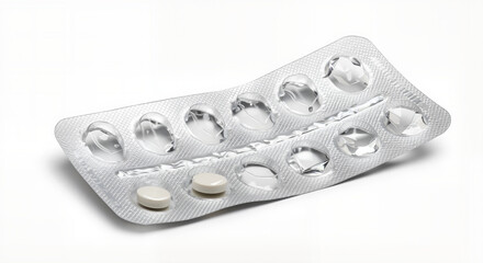 Blister pack with remaining white tablets for medical treatment visuals, pharmaceutical content, healthcare illustrations, and wellness-related blog or product design

