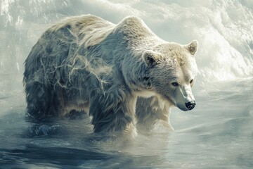 Obraz premium A majestic grizzly bear, its fur seemingly ethereal, walks through a misty, shallow stream.